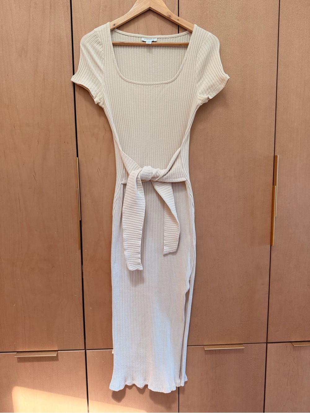 Topshop Cream Ribbed Tie-Waist Midi Dress